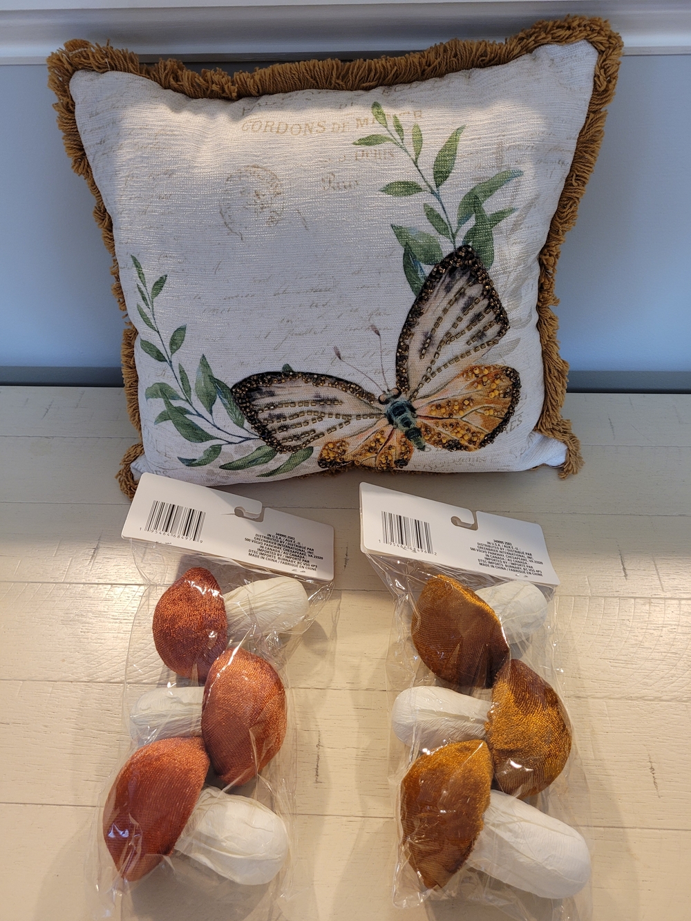 Butterfly Beaded Accent Pillow Cream-Gold Fringe with Mushroom Decor Accents
